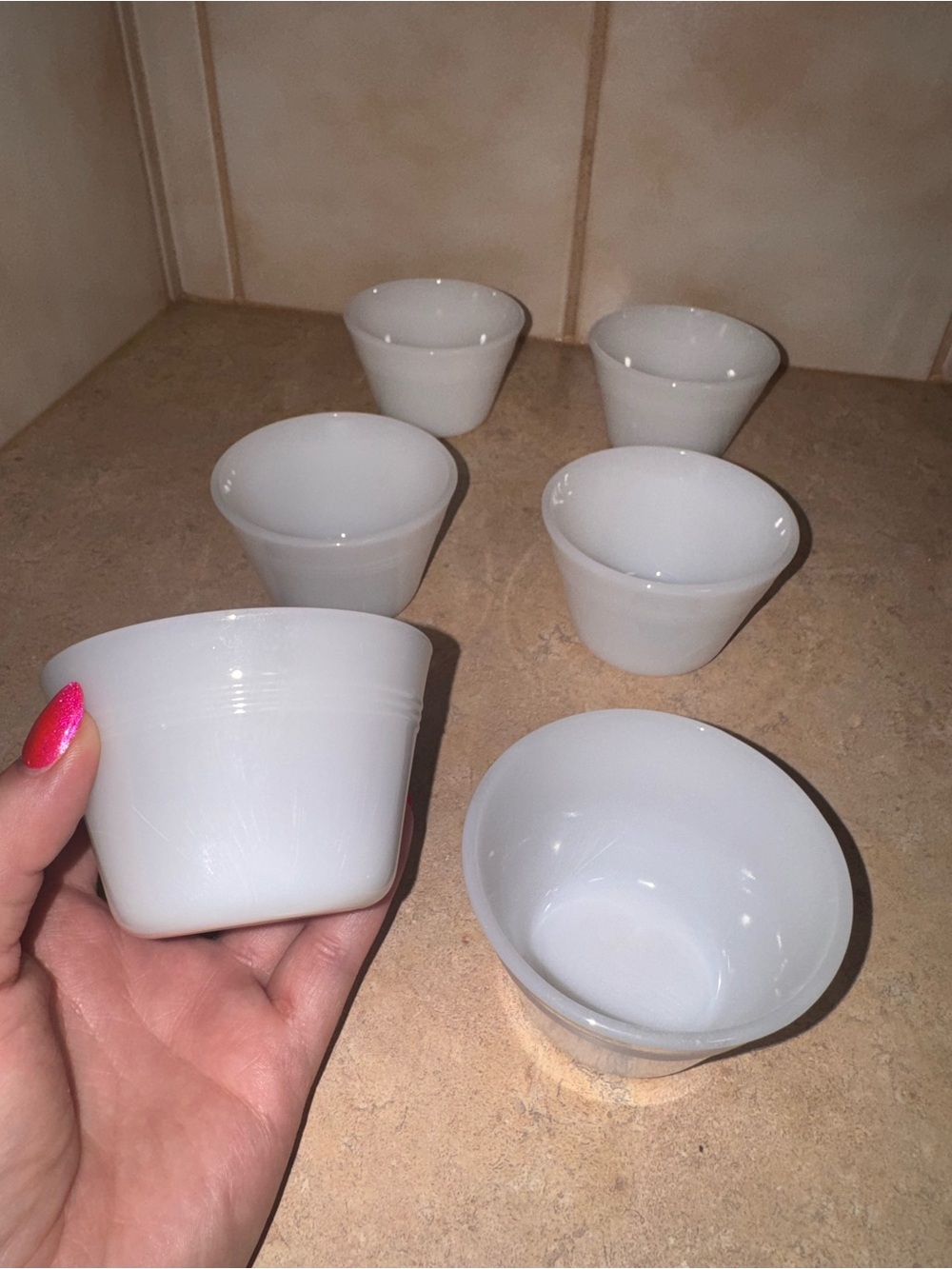 Set of 6 Vintage Hazel Atlas Milk Glass Custard Cups White Dessert Bowls